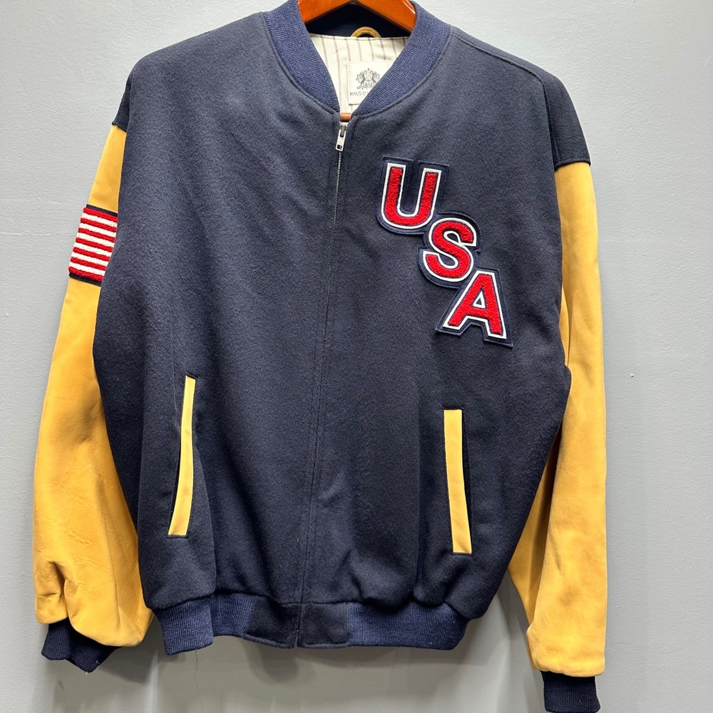 Maus & Hoffman USA Varsity Jacket Mens Large Wool Leather Navy Yellow